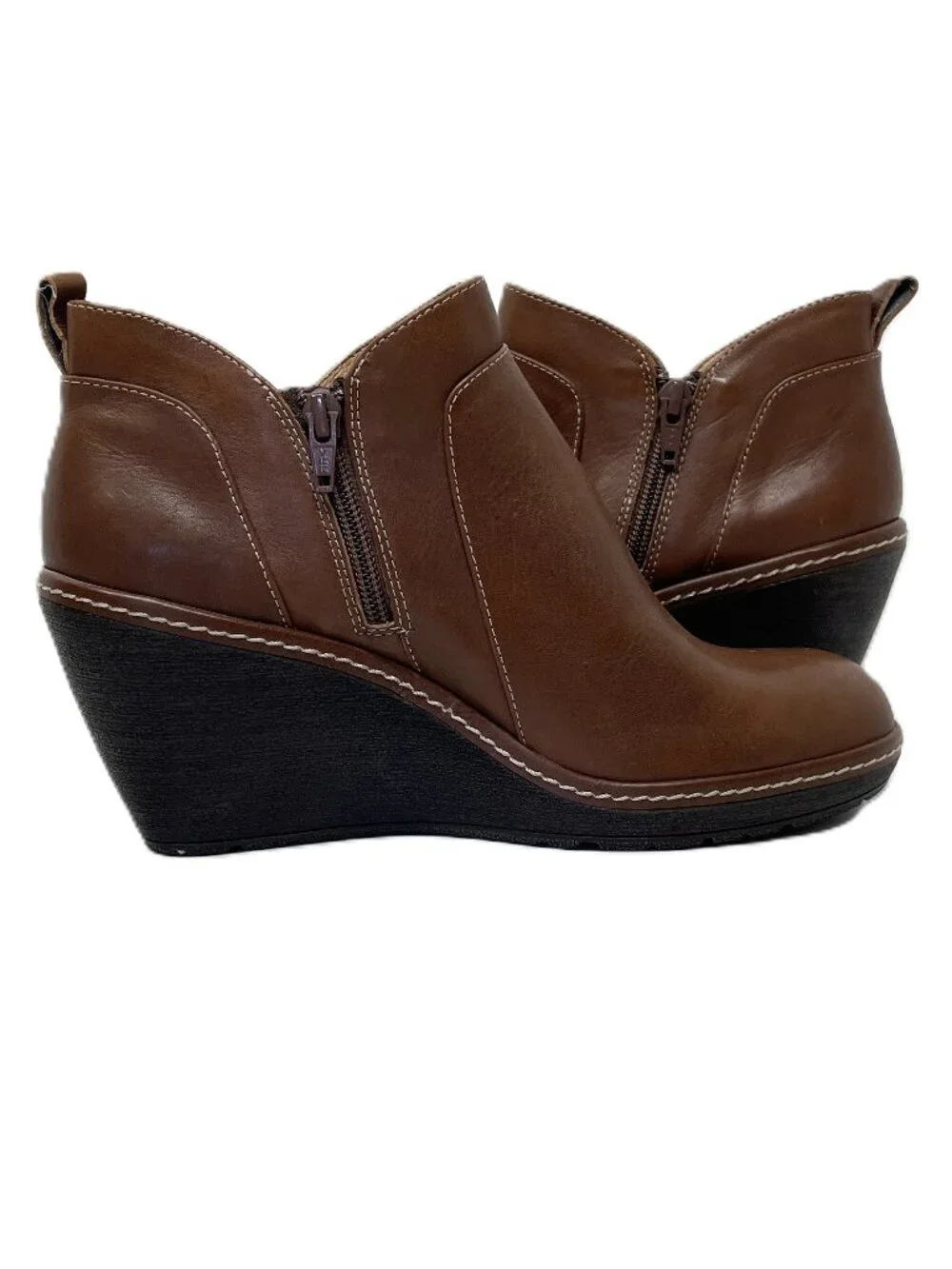 Sofft Ankle Boots Womens 9 M Brown Leather X Accent Side Zip Wedge Heel Booties